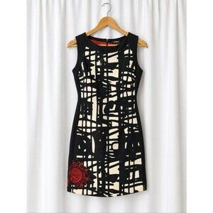 Desigual Black Creamy White Abstract Print Red Accents Sleeveless Sheath Dress